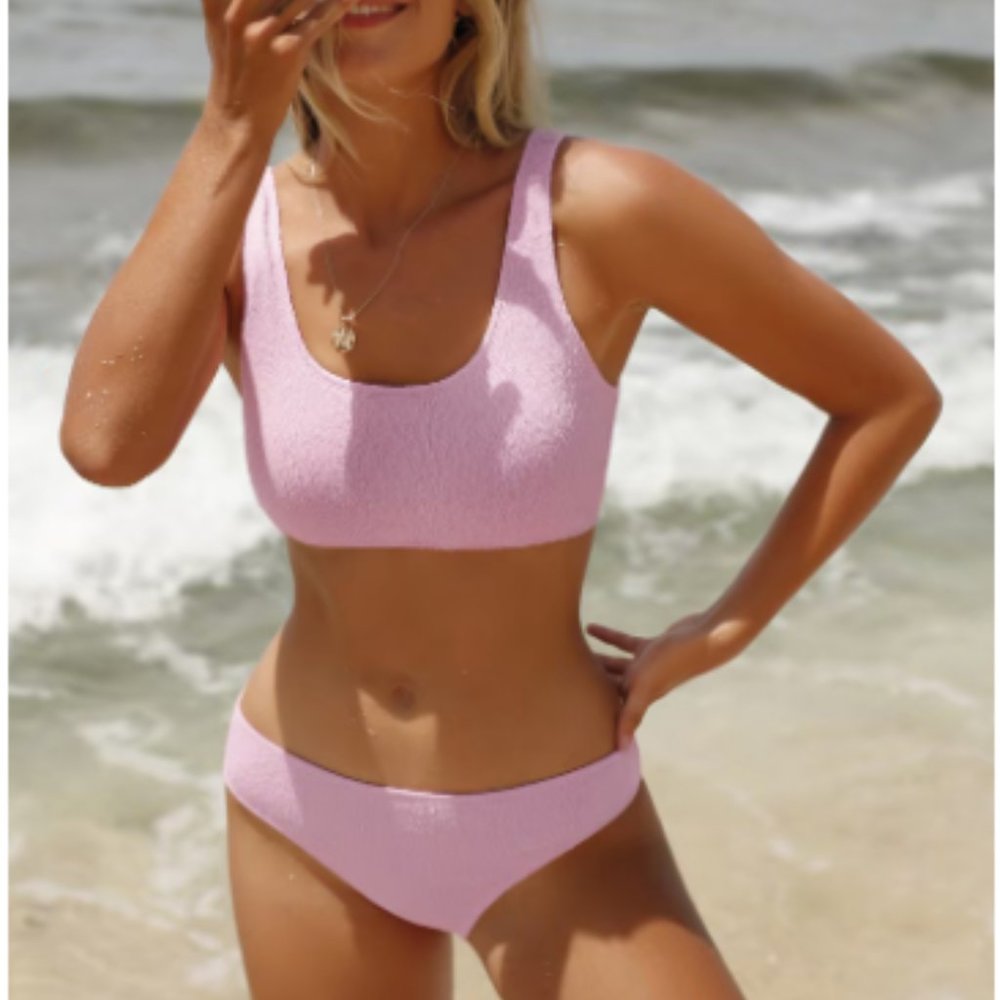 NWT - Cupshe Light Pink Scoop Wide Straps Bralette & Mid Rise Bikini Set